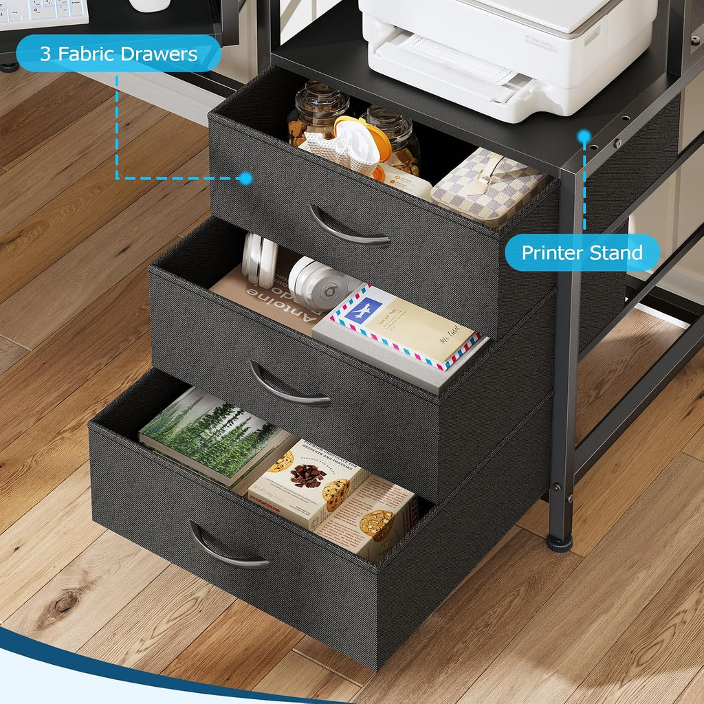 YOMILUVE Small Corner Desk with Drawers, Corner Gaming Desk with Power Outlets & Printer Shelf for Small Space, Triangle Computer Desk with LED Lights, Keyboard Tray and Monitor Stand, Black