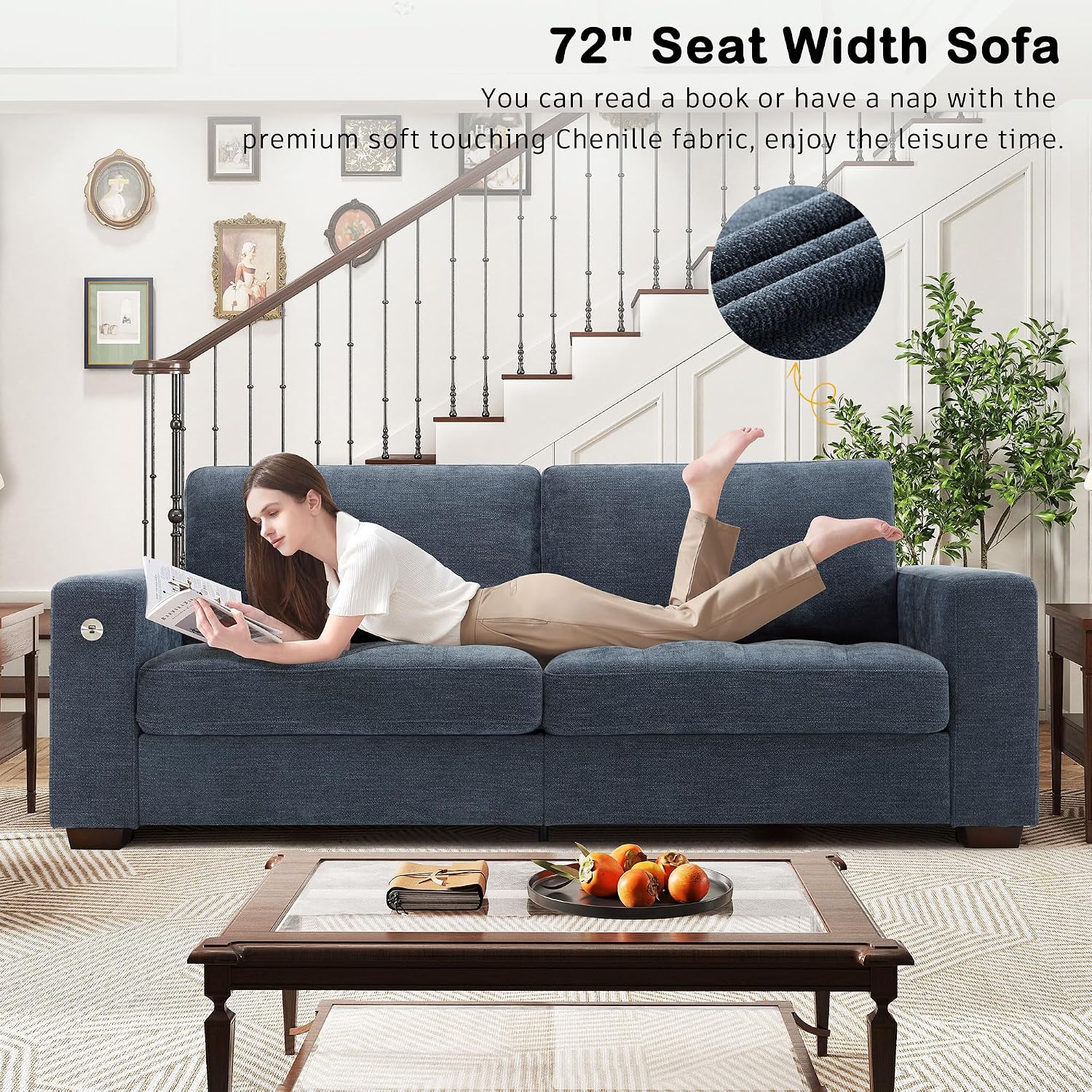 Hanherry 89' Sofa for Living Room, Modern Comfy Couch with Medium Firm Seat Cushion, Removable Cover,Wide Armrest,USB/Type-C Port,Chenille Fabric Couches for Small Space,Apartment