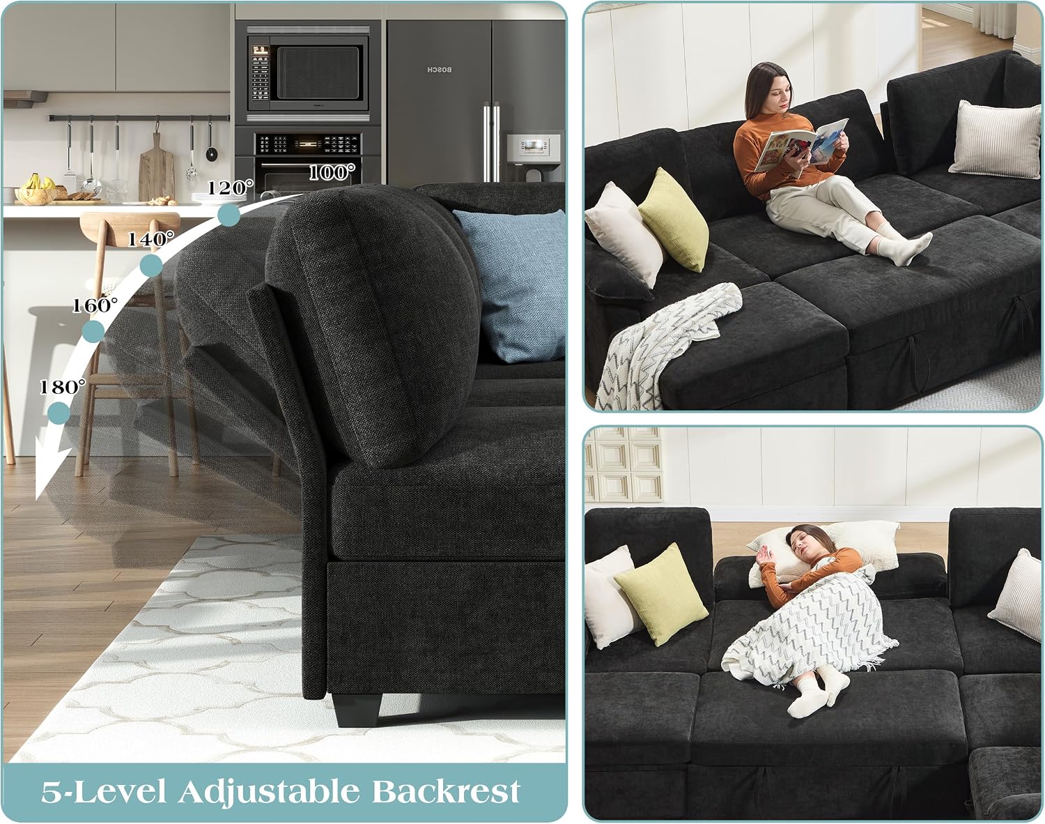 VanAcc 105' Sofa Bed, Sectional Sleeper Sofa with Pull Out Bed/Reclining Backrest, 6 Seater Couches for Living Room, Sleeper Couch Bed with Storage, Chenille Black
