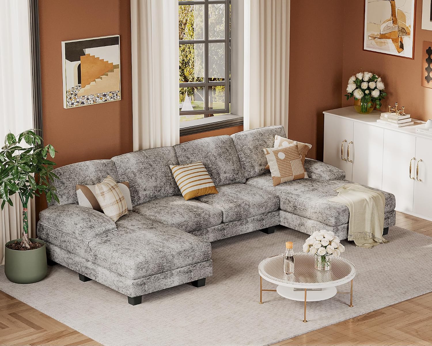 JUMMICO Sectional Couches for Living Room, U Shaped Couch with Chenille Fabric, 4 Seat Modern Sofa with Removable Pillows for Apartment and Small Space (Fabric, Grey)