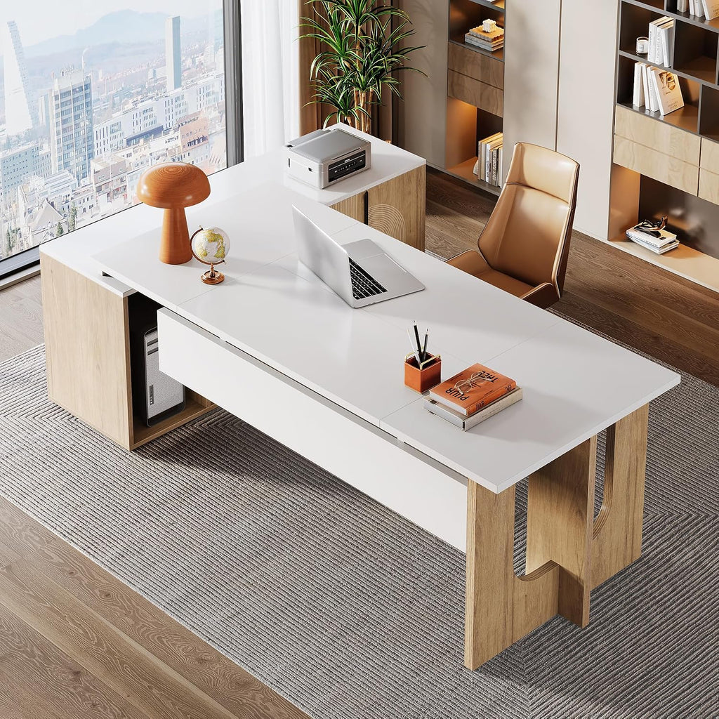 Tribesigns 74.8 Inch Executive Desk, Large Office Desk with Cabinet, L Shaped Computer Desk with Shelves and CPU Storage, Modern Home Office Desks Business Furniture Workstation Set, White and Wood