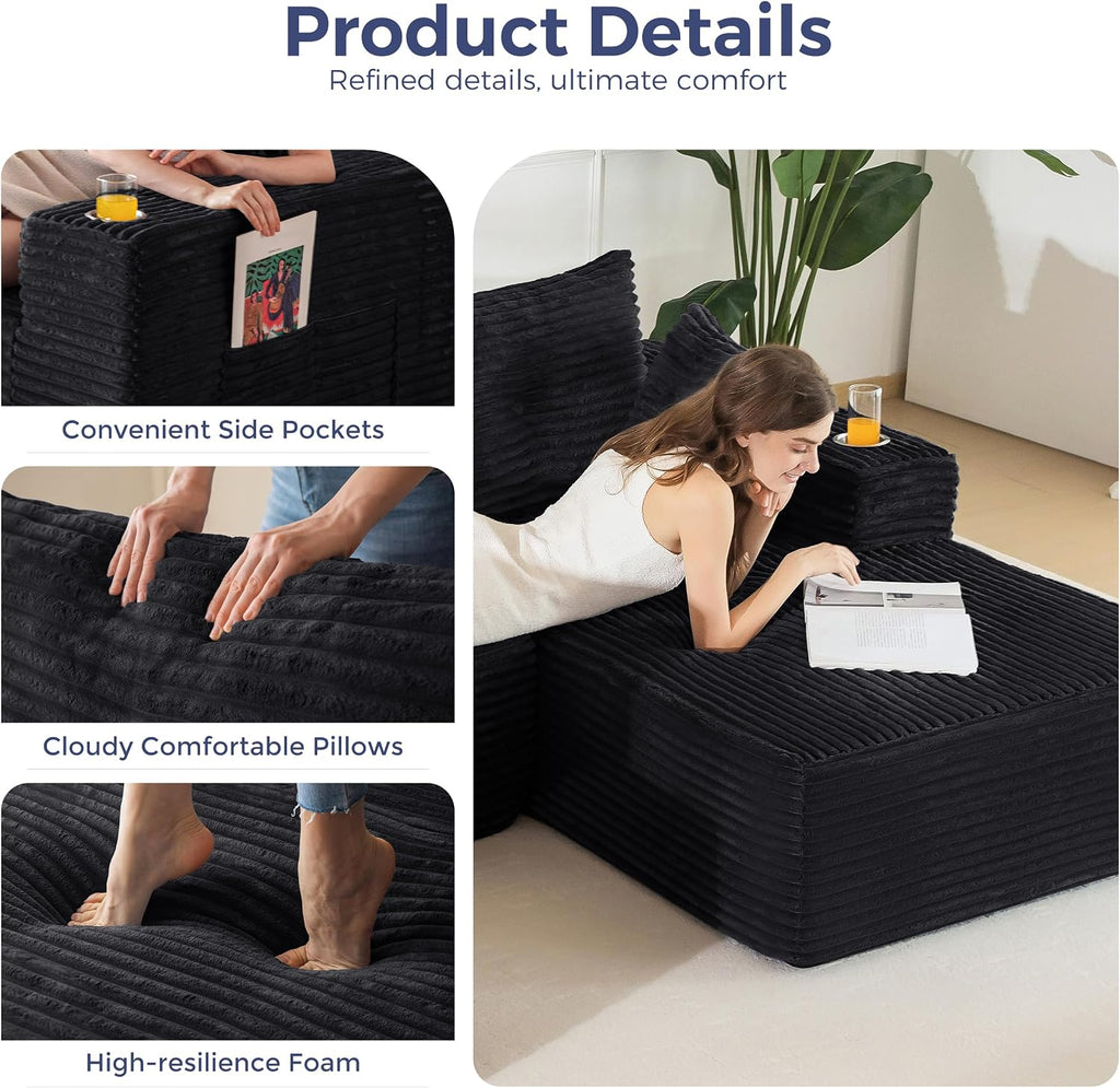 MAXYOYO Modular Sectional Couch with L-Shape Chaise and Loveseat, Modern Boneless Couch for Living Room, Oversized Sofa Sleeper with Deep Seat, No Assembly Required, Black