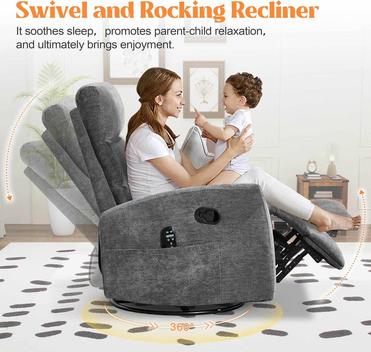 Luxlen Manual Swivel Rocker Recliner Chair with Massage, Overstuffed Recliner Glider with Vibration Massage and Heat for Nursery, Living Room Reclining Sofa Chair, Fabric Dark Gray