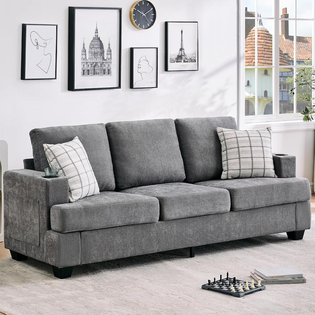 GarveeHome Modern 89 in 3-Seater Sofa for Living Room, Comfy Couches with Deep Seat, Chenille Couch with Cup Holders and Side Storage Pockets for Apartment Lounge, Grey