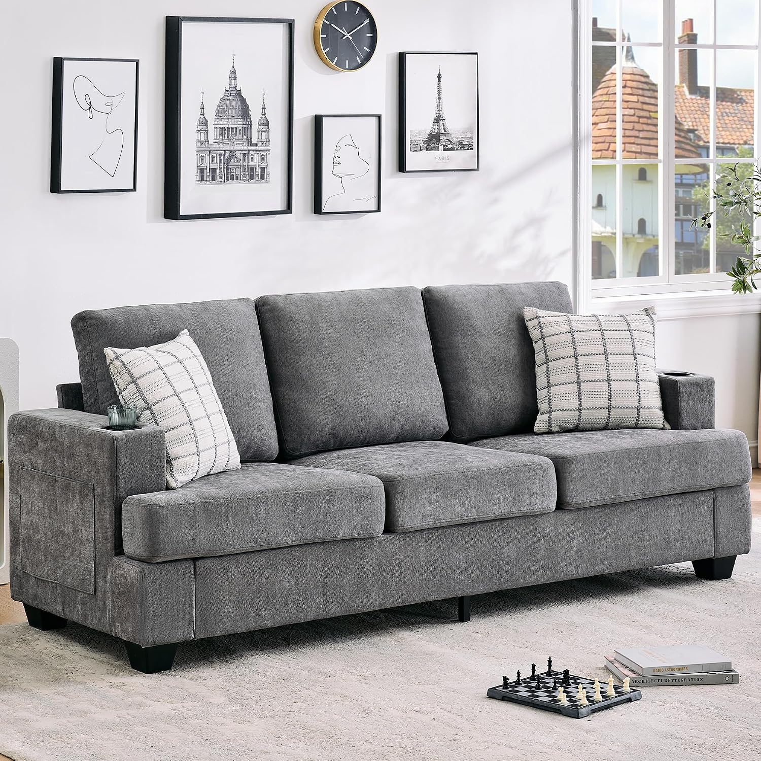 GarveeHome Modern 89 in 3-Seater Sofa for Living Room, Comfy Couches with Deep Seat, Chenille Couch with Cup Holders and Side Storage Pockets for Apartment Lounge, Grey