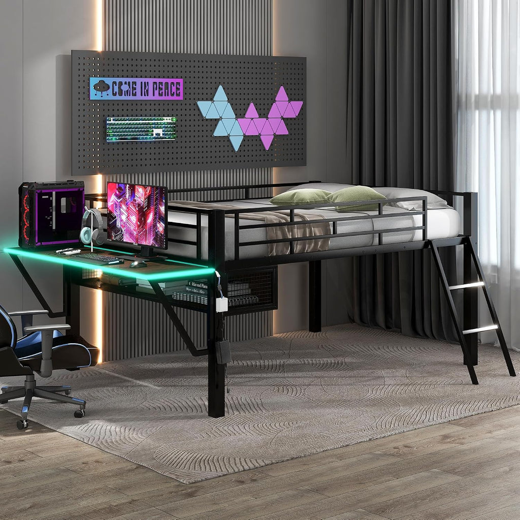 SOFTSEA Twin Size Low Loft Bed with Desk & LED Light, Metal Gaming Loft Bed with Desk and Storage Space for Kids Teens, Black