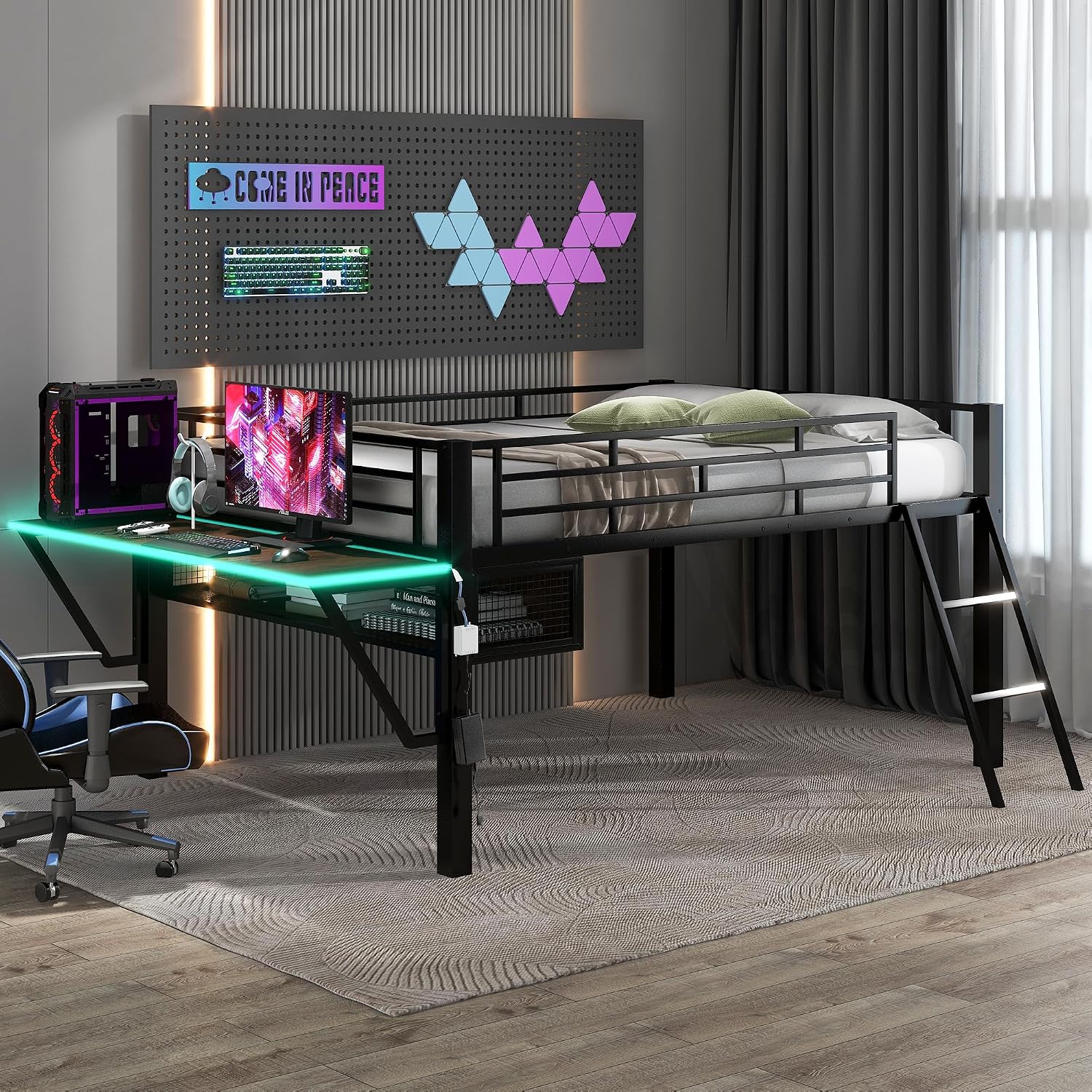 SOFTSEA Twin Size Low Loft Bed with Desk & LED Light, Metal Gaming Loft Bed with Desk and Storage Space for Kids Teens, Black