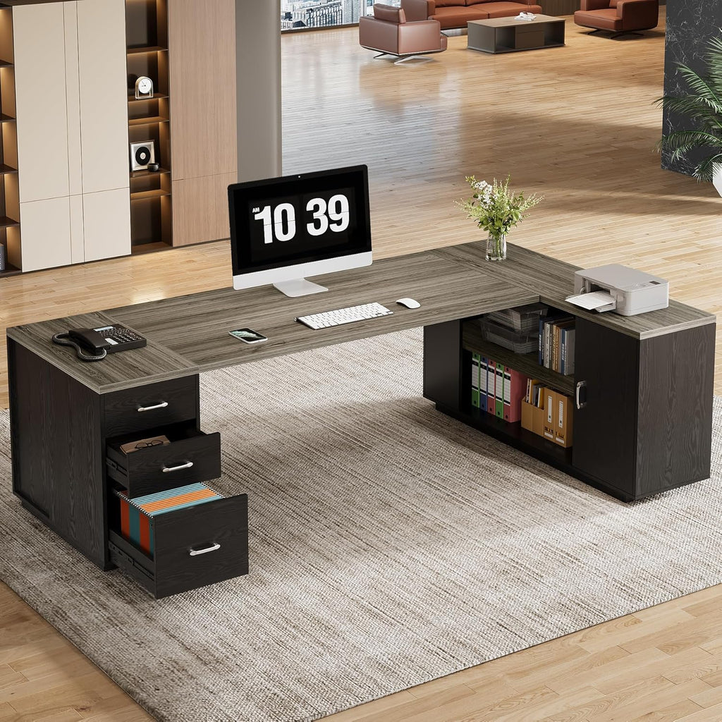 Tribesigns 85.8-Inch L-Shaped Executive Desk with File Drawers, Door Cabinet & Shelves, Extra Large Commercial Office Desk, Modern Professional Office Table Business Furniture, Grey & Black