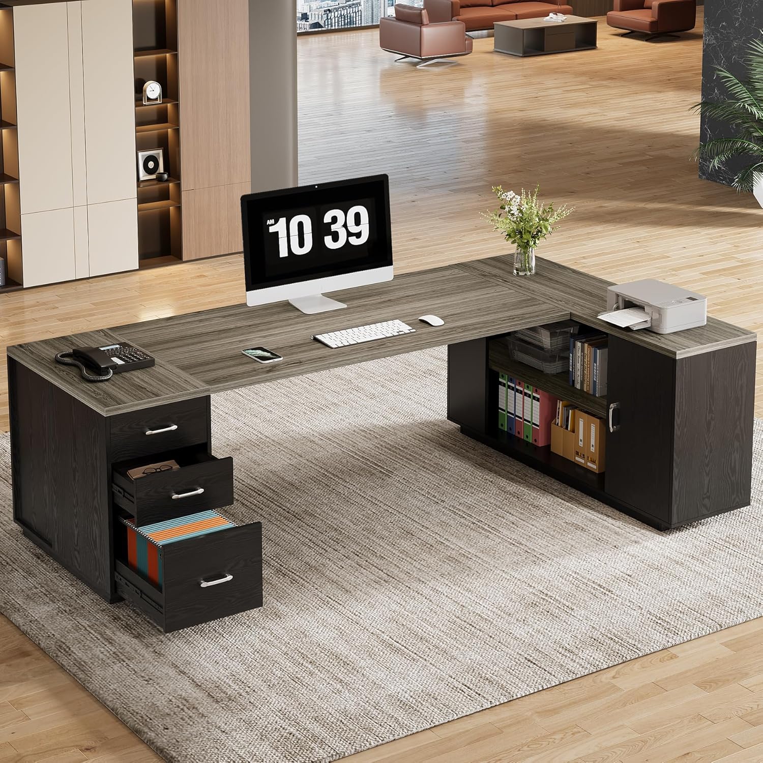 Tribesigns 85.8-Inch L-Shaped Executive Desk with File Drawers, Door Cabinet & Shelves, Extra Large Commercial Office Desk, Modern Professional Office Table Business Furniture, Grey & Black
