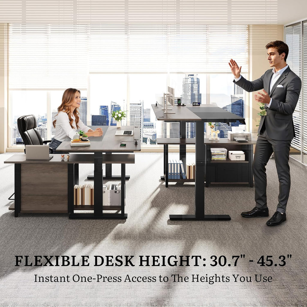 YITAHOME L Shaped Standing Desk with Power Outlets, 70.1' Electric Standing Desk Adjustable Height Sit Stand Corner Standing Desks Executive Desk with Drawers & Shelves, Grey + Black