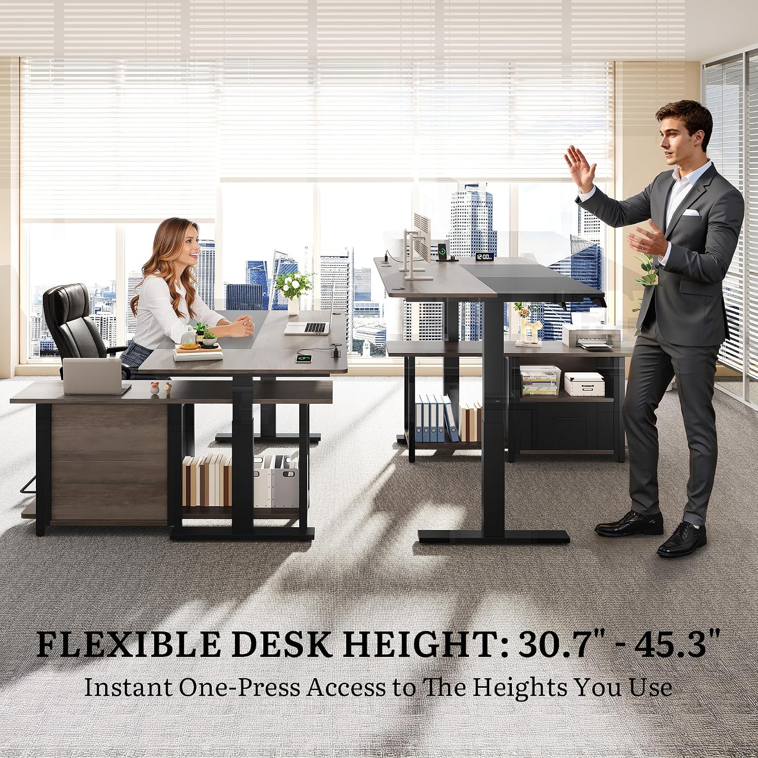 YITAHOME L Shaped Standing Desk with Power Outlets, 70.1' Electric Standing Desk Adjustable Height Sit Stand Corner Standing Desks Executive Desk with Drawers & Shelves, Grey + Black