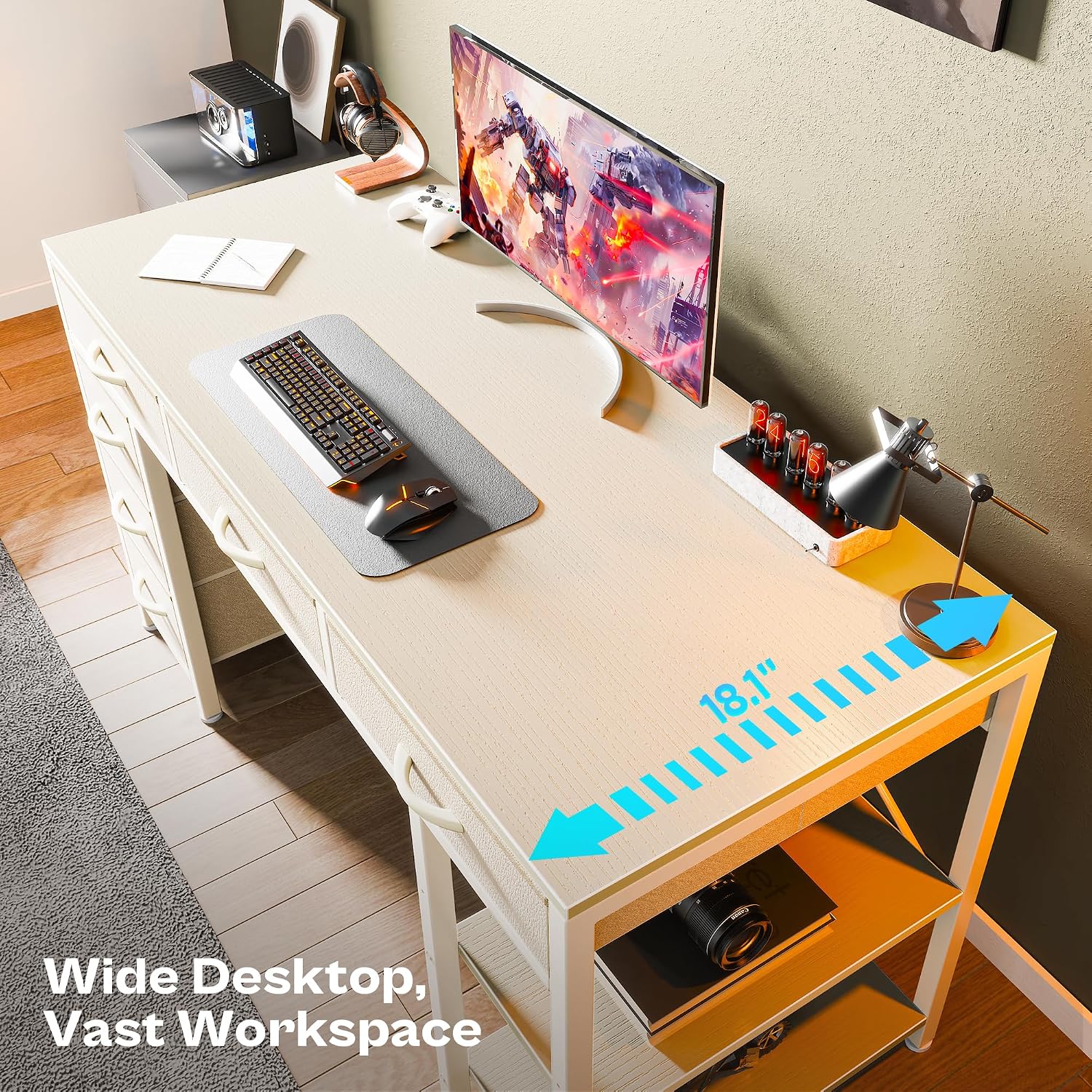 Huuger Computer Desk with 6 Drawers, Office Desk with Shelves, Reversible Gaming Desk, Corner Desk with Storage, Work for Home Office, Study, Living Room, 47inch, White