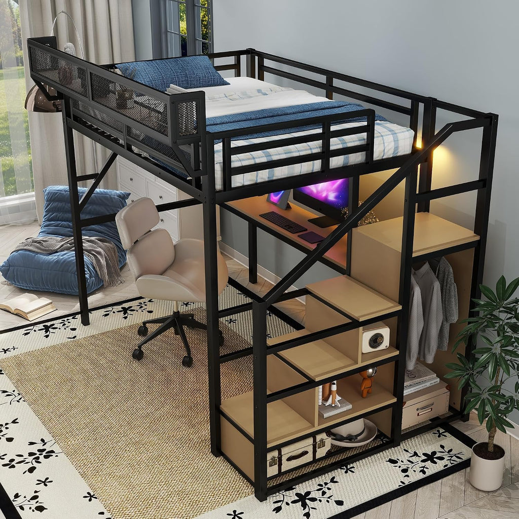 Full Size Loft Bed with Stairs & Desk, Metal High Gaming Loft Bed Full Frame with Storage Shelves, RGB Light & Charging Station, Heavy-Duty Beds with Closet for Adults,Teens, Kids, Black