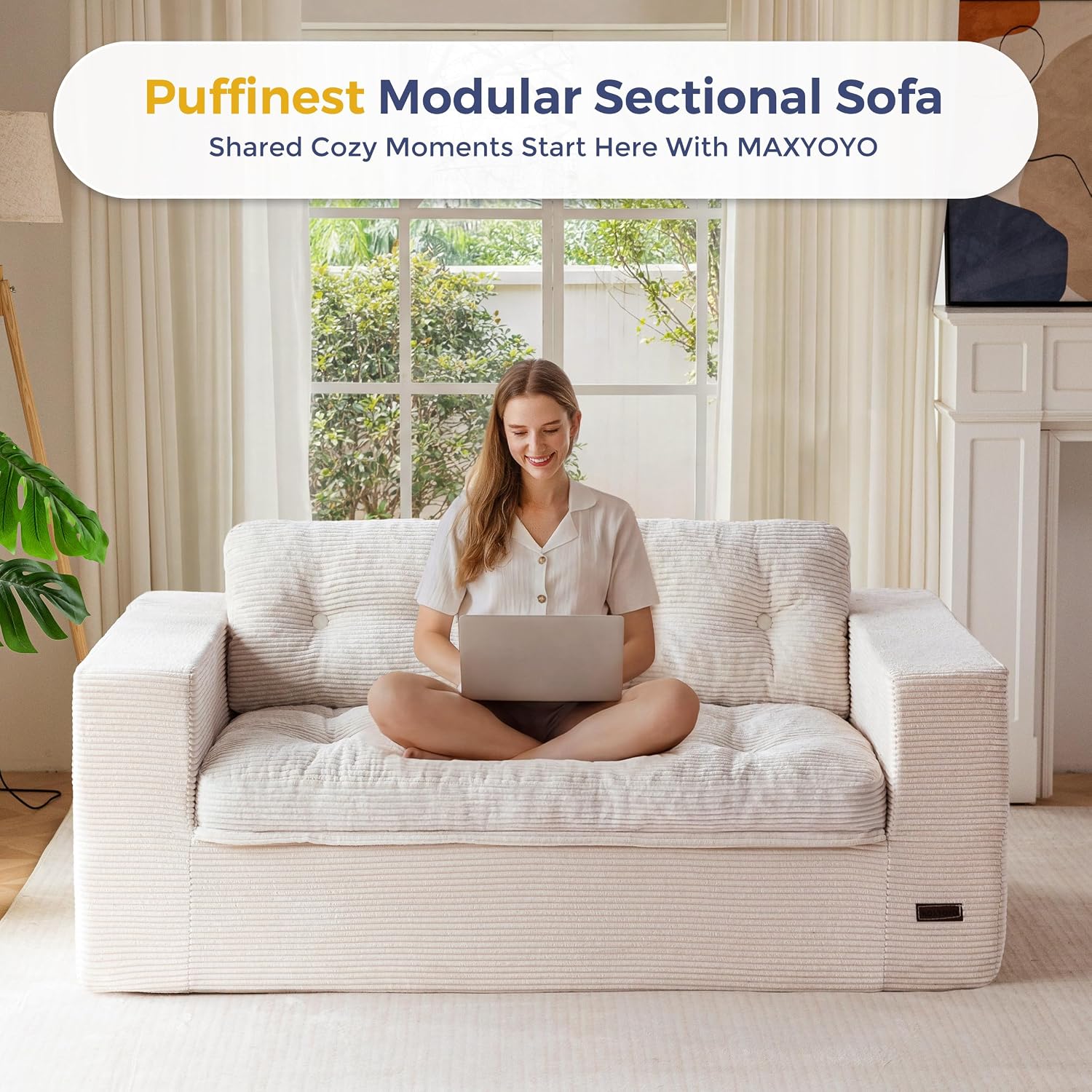 MAXYOYO 63' Loveseat Sofa Couch for Small Spaces, Upholstered Boneless Cloud Couch for Apartment Bedroom, 2-Seater Love Seat Floor Modern Sofa with Pillows, No Assembly Required, Beige