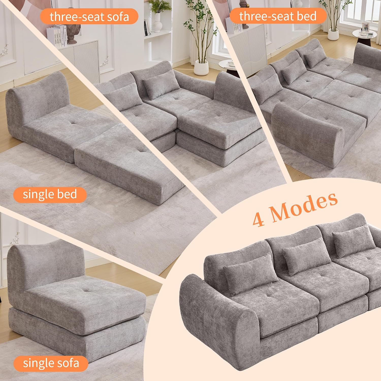 MAXMAXX 102' Cloud Sofa, 4-in-1 Folding Sofa Bed, Floor-Standing Boneless Couch, Futon Sofa Bed for Living Room, Bedroom and Entertainment Room(Gray)