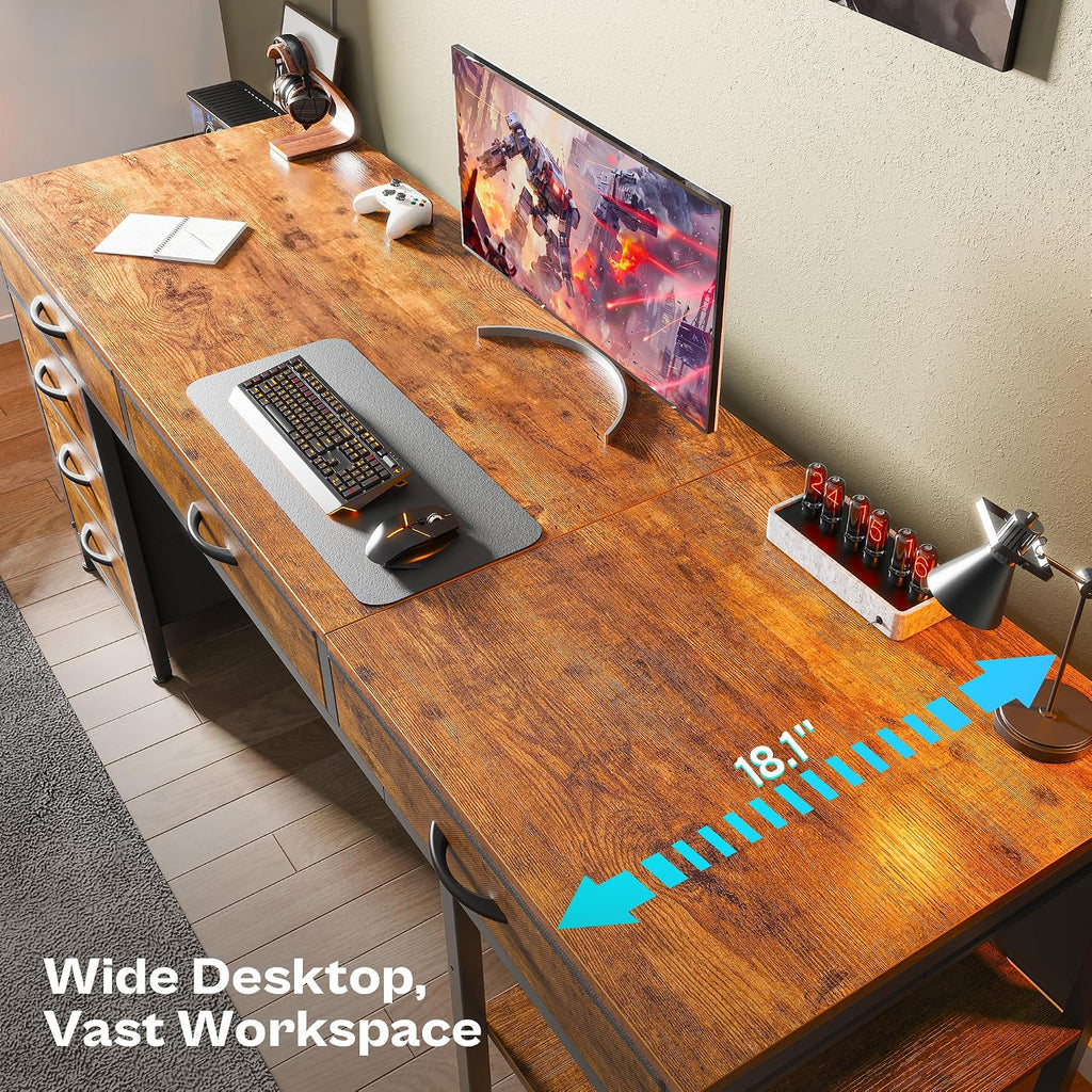 Huuger Computer Desk with 6 Drawers, Office Desk with Shelves, Reversible Gaming Desk, Large Corner Desk with Storage, Work for Home Office, Study, Living Room, 63inch, Rustic Brown