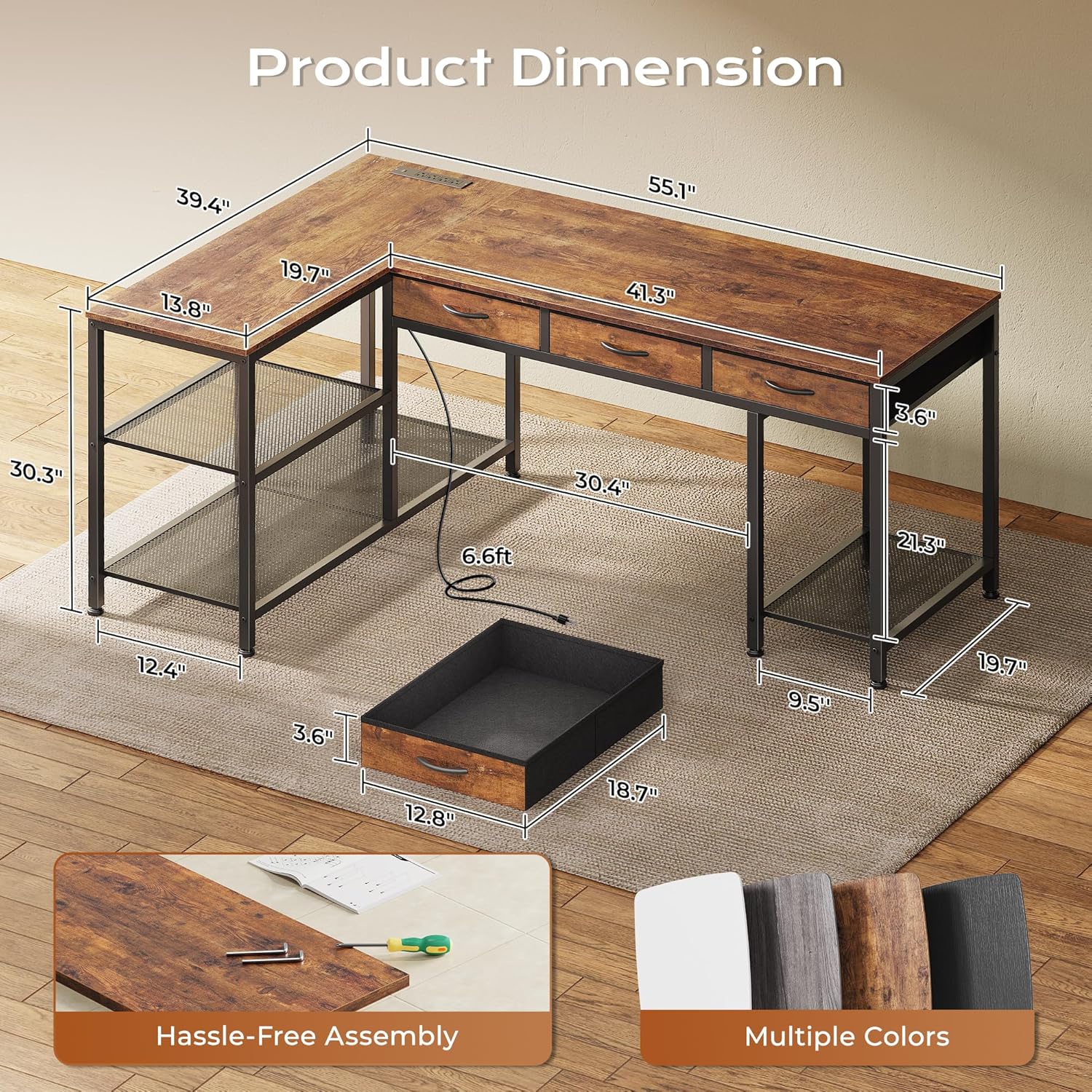 PRAISUN 55 Inch L Shaped Office Desk with Power Outlets and Type-C Port, Large Computer Gaming Desk with 3 Fabric Drawers, Mesh Shelves, Corner Study Work Writing Desk, Rustic Brown