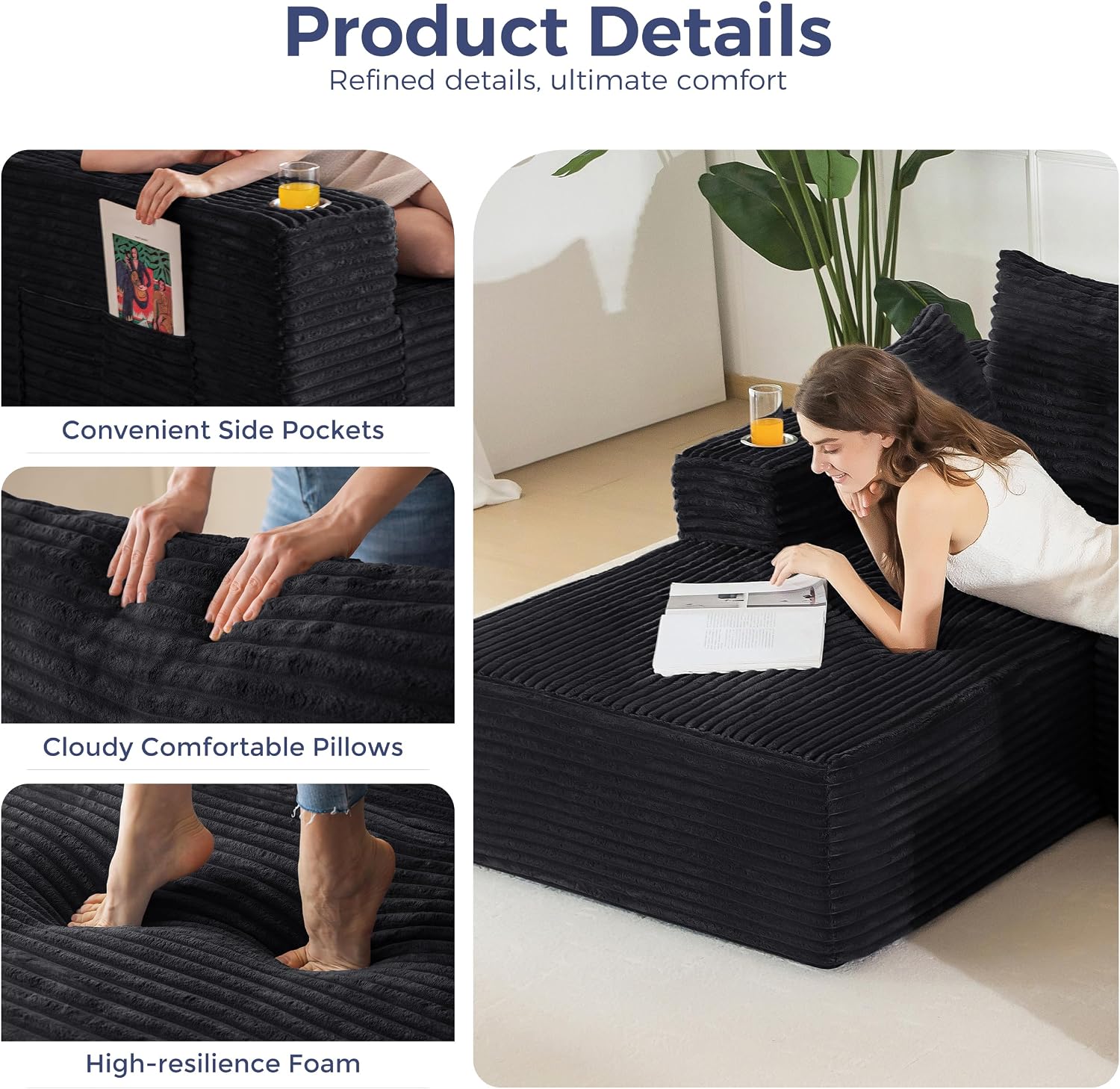 MAXYOYO Modular Sectional Couch with L-Shape Chaise and Loveseat, Modern Boneless Couch for Living Room, Oversized Sofa Sleeper with Deep Seat, No Assembly Required, Black