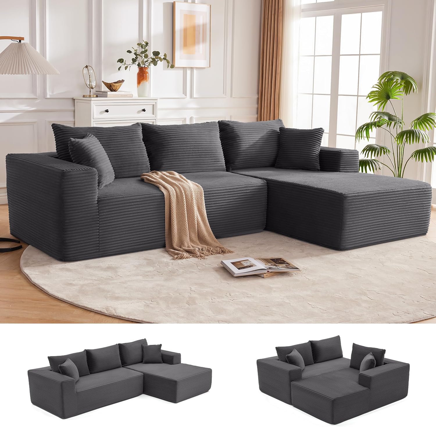 Mangodan 110' Cloud Sectional Couch, Boneless Sofa for Living Room, Modular Sectional Sofa with Deep Seat, Fluffy Couch with L-Shaped Chaise, No Assembly Required (Right-Facing Chaise, Dark Grey)