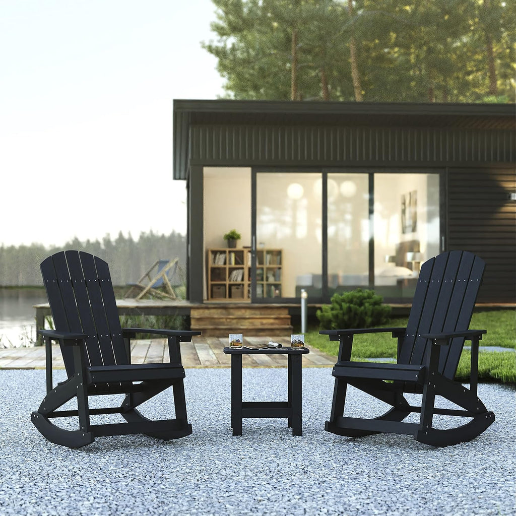 Flash Furniture Set of 2 Savannah Adirondack Rocking Chairs - Commercial Grade All-Weather Black Poly Resin Wood - Matching Side Table