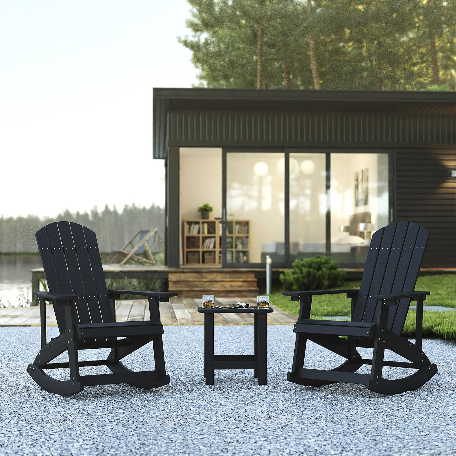 Flash Furniture Set of 2 Savannah Adirondack Rocking Chairs - Commercial Grade All-Weather Black Poly Resin Wood - Matching Side Table