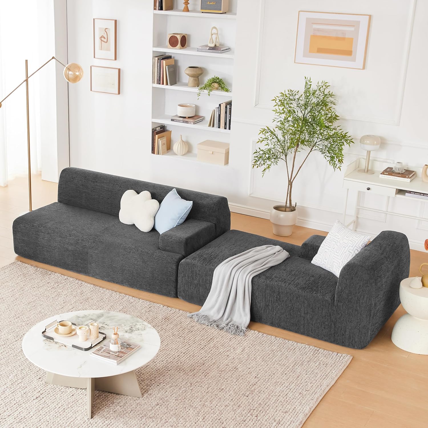 Weture 107' Modular Sectional Cloud Couch, Boneless couches Sponge sectionals for Living Room, High Density Sponges Sofa, Modular L-Shape with Chaise, Darkgrey