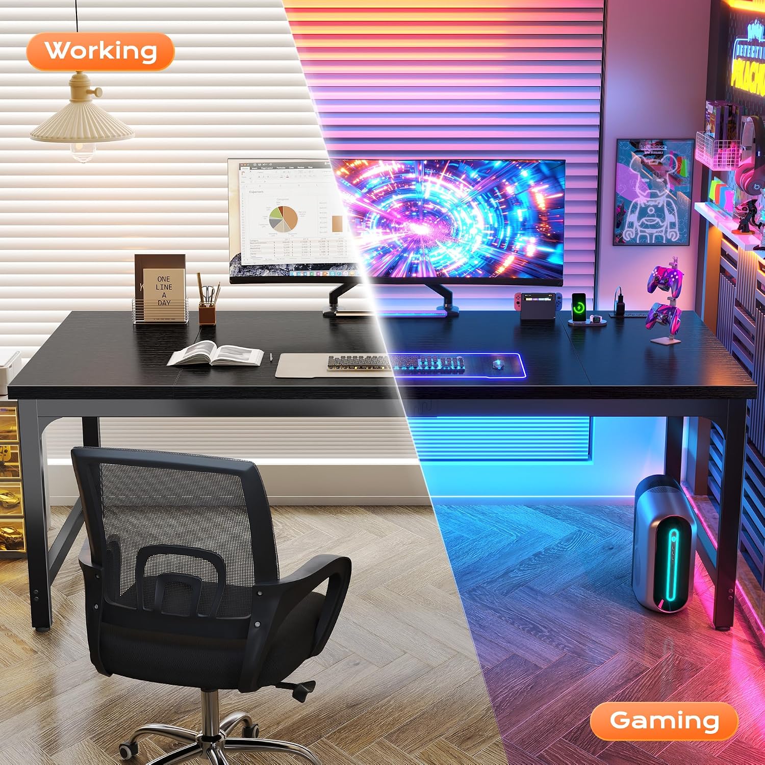 Huuger 71 x 31.5 Inch Desk with Power Outlets & USB-C, 0.95 Inch Thicker Desktop, Robust Metal Tubes, Deep Computer Desk, Heavy Duty Office Desk, Work Desk for Home Office, Black