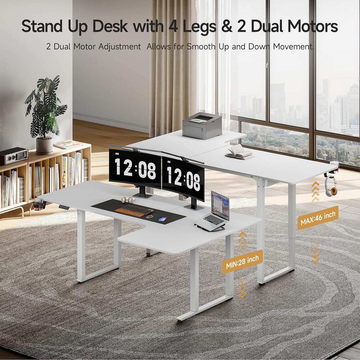 ONBRILL L Shaped Standing Desk, 71x43 Inches Electric L Stand Up Desk with 4 Legs, Dual Motor and Memory Controller, Adjustable Height from 28-46 Inches for Home and Computer Workstation, White