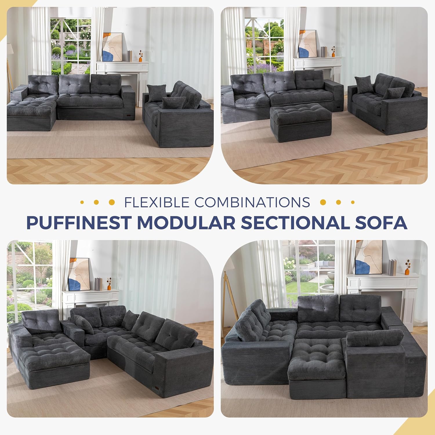 MAXYOYO Modular Sectional Sofa with Ottoman and Loveseat, Cloud Boneless Couch with Layered Cushion, Flexible Module Combination Sofa for Living Room, No Assembly Required,Dark Grey