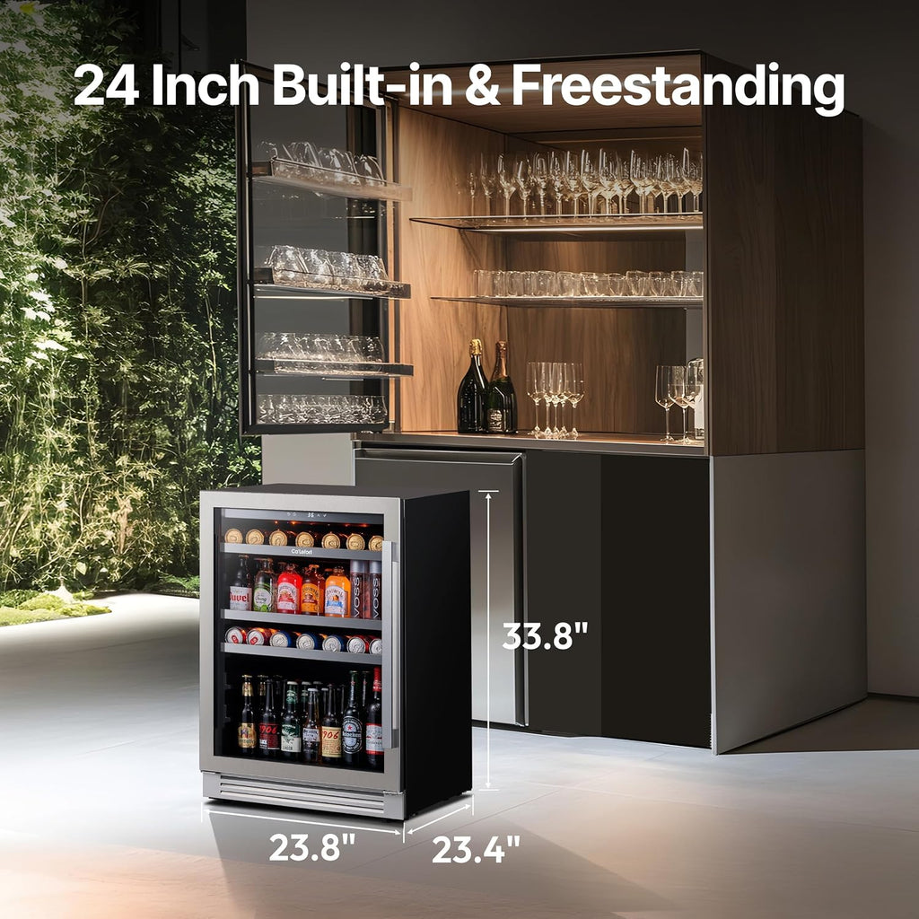 Ca'Lefort Beverage Refrigerator 24 Inch, 180 Cans Mini Fridge with Double Glass Door, Built-in or Freestanding Drink Cooler with Amber LED Light, Beverage Fridge for Kitchen Bar Office(Left-Hinged)