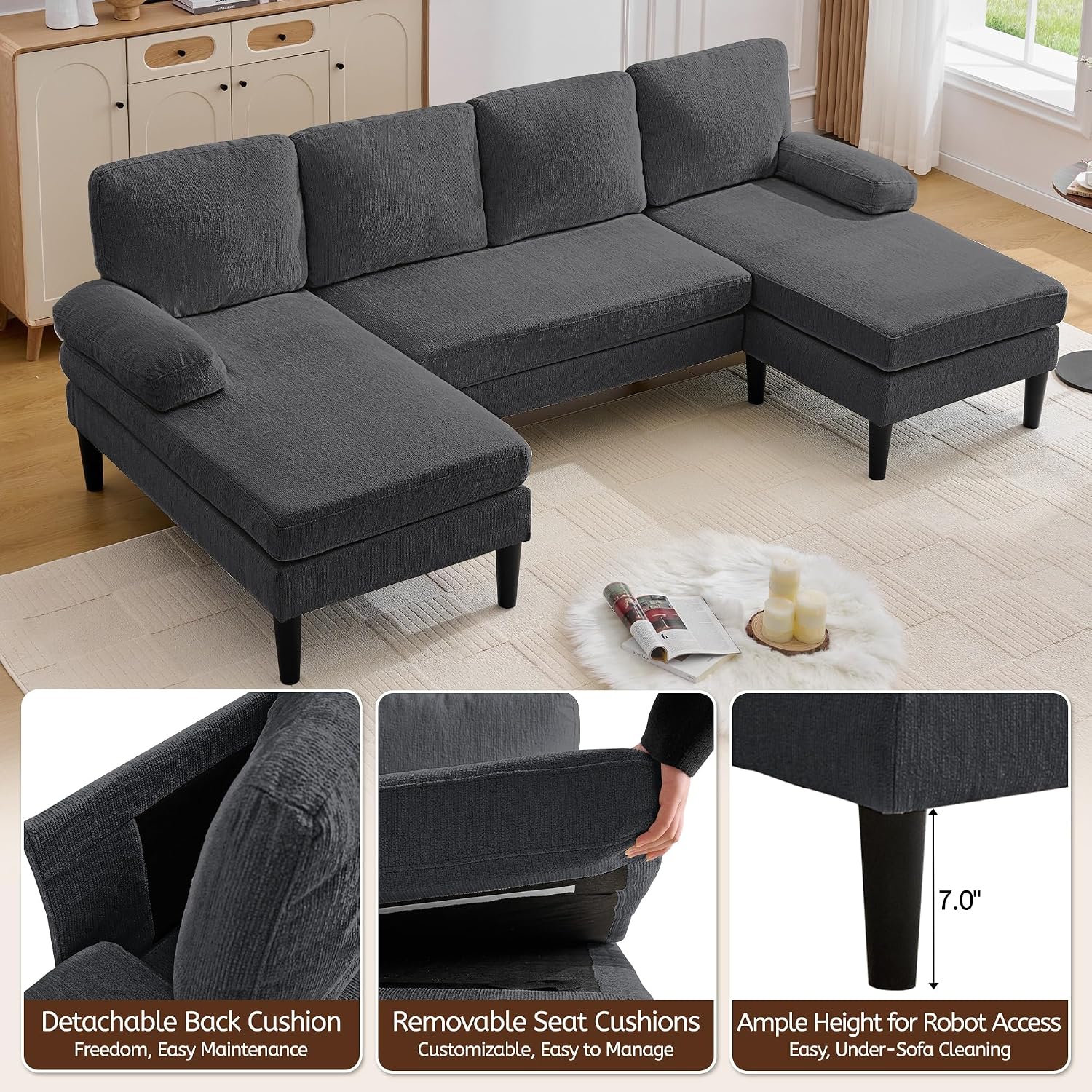 Korser 101' Sectional Couches for Living Room, U Shaped Sofa with Double Chaise Lounge, Modern Chenille Fabric 4-Seat Couch for Apartment/Small Space, Grey