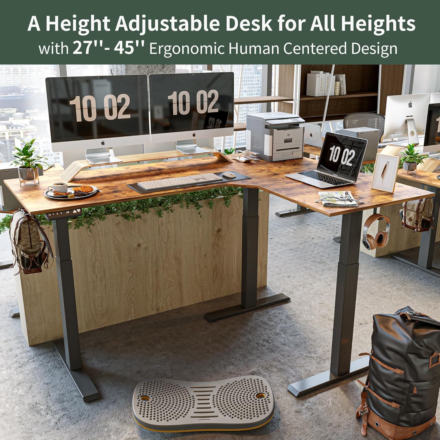 FEZIBO Triple Motor 63' L Shaped Standing Desk, Electric Standing Gaming Desk Adjustable Height, Corner Stand up Desk with Splice Board, Black Frame/Rustic Brown Top