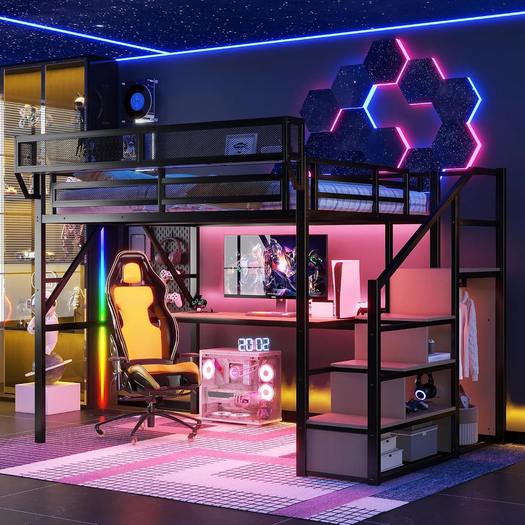 Mirightone Queen Size Loft Bed with Stairs & Desk, Metal Loft Bed Frame with LED and Charging Station, High Loft Beds Gaming Lofted Queen Bed with Storage Shelf for Kids and Teens (Black+Natural)