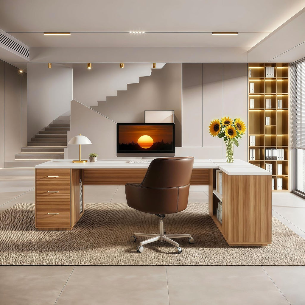 Tribesigns 85.8' L-Shaped Executive Desk, Extra Large Office Desk with File Drawers, Modern Business Furniture, Computer Desk Workstation with Door Cabinet, Shelves for Home Office, White & Brown