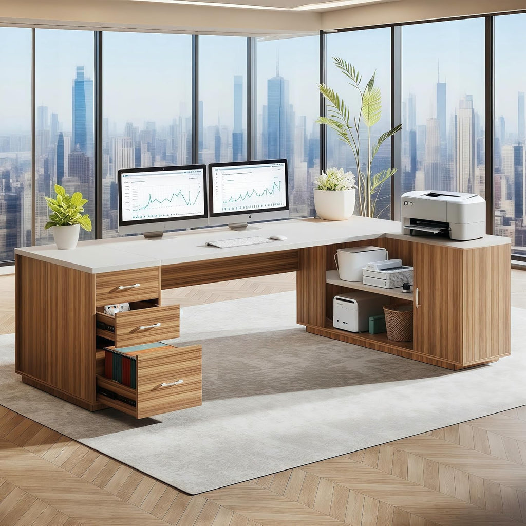 Tribesigns 85.8' L-Shaped Executive Desk, Extra Large Office Desk with File Drawers, Modern Business Furniture, Computer Desk Workstation with Door Cabinet, Shelves for Home Office, White & Brown