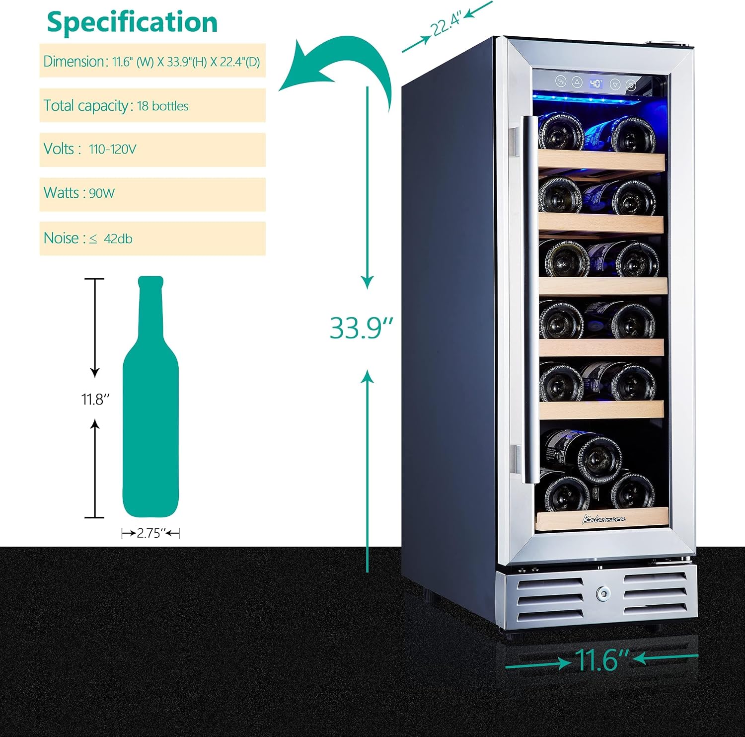 Kalamera Mini Fridge 18 Bottle - 12 inch Wine Cooler Refrigerator, Built-in or Freestanding, with Stainless Steel & Double-Layer Tempered Glass Door, and Temperature Memory Function Wine Fridge