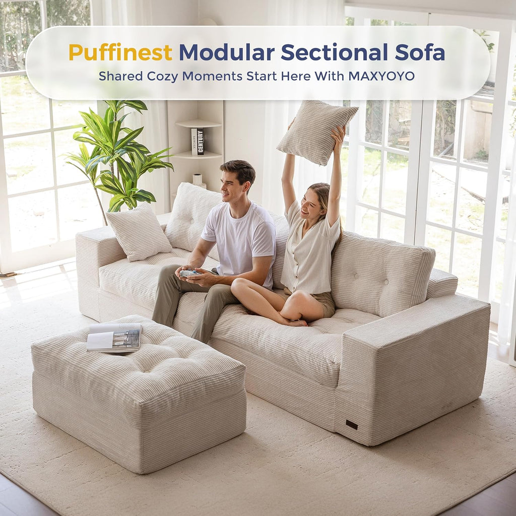 MAXYOYO 104' L Shaped Modular Sectional Sofa with Ottoman, Cloud Boneless Couch with Layered Cushion, Upholstered Sofa Flexible Module Combination for Living Room, No Assembly, Beige