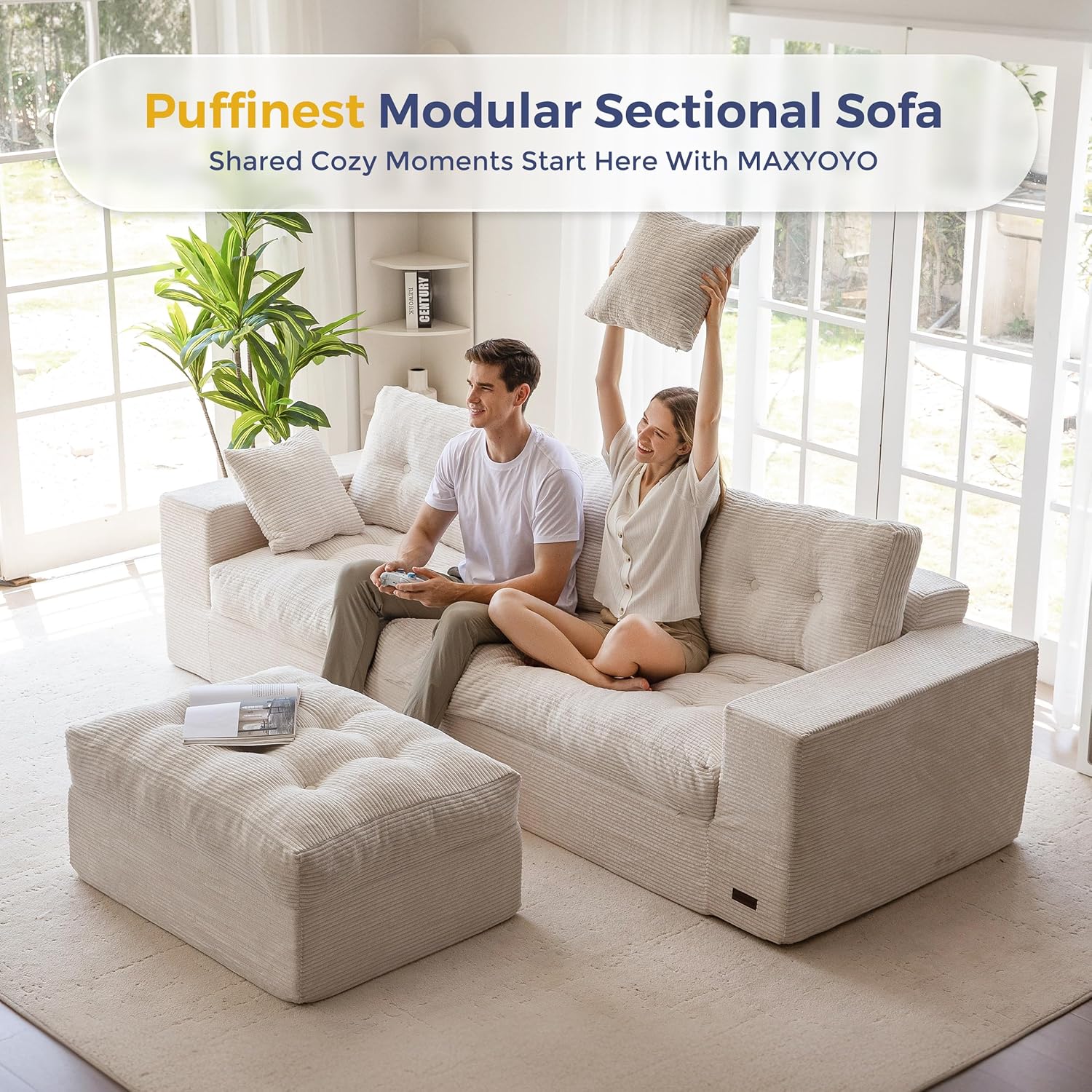 MAXYOYO 104' L Shaped Modular Sectional Sofa with Ottoman, Cloud Boneless Couch with Layered Cushion, Upholstered Sofa Flexible Module Combination for Living Room, No Assembly, Beige