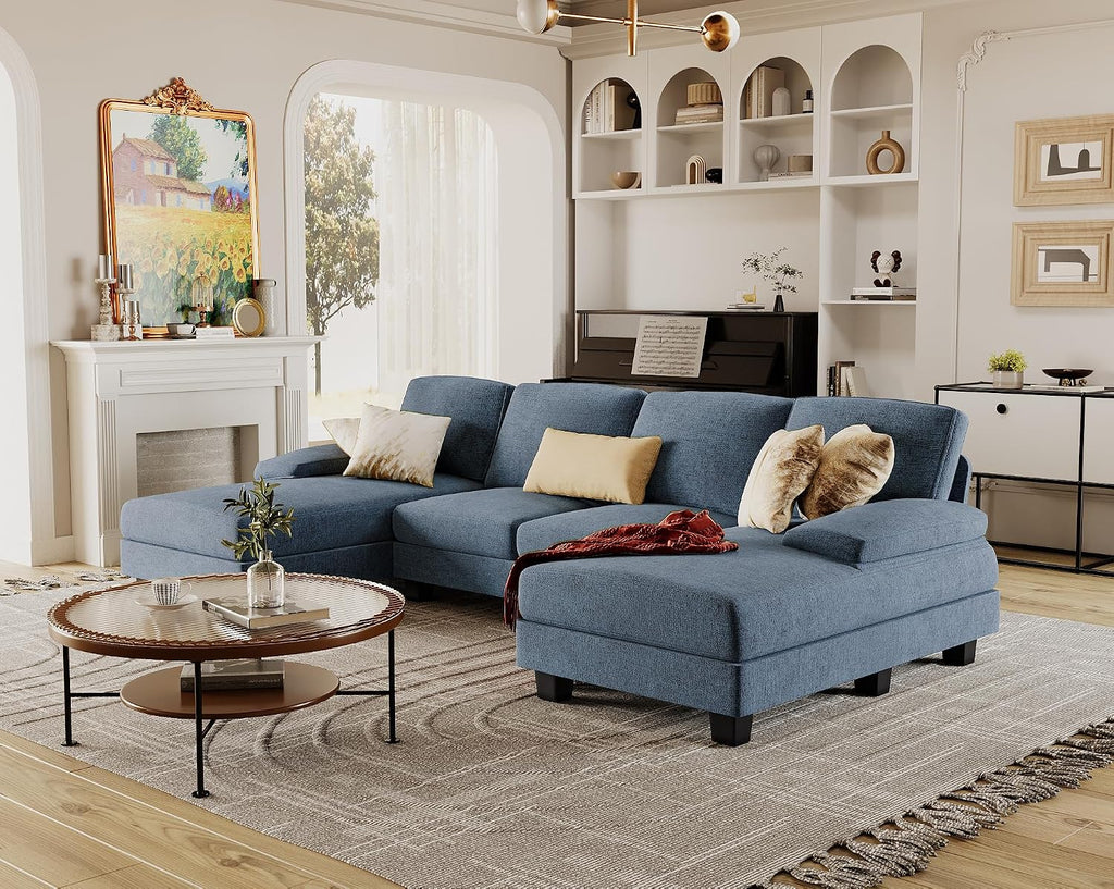 Furmax Sectional Couches for Living Room, U-Shaped Sofa Couch with Linen Fabric, 4 Seat Sofa Set with Double Chaise for Apartment (Fabric, Light Blue)