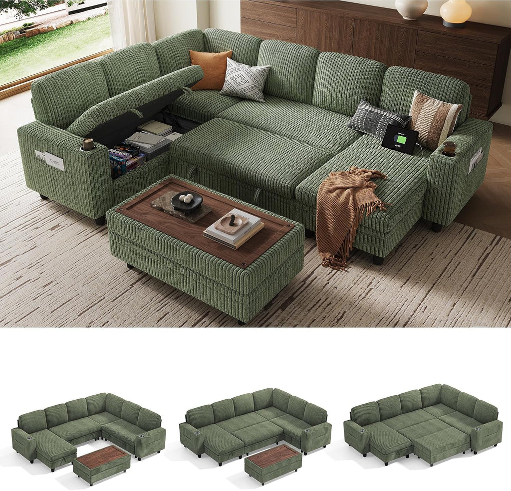 LINSY HOME Sectional Sleeper Sofa with Pull Out Couch Bed for Living Room (Green) | Plush Corduroy, Storage Ottoman, Storage Chaise, Pull Out Couch, USB Charging