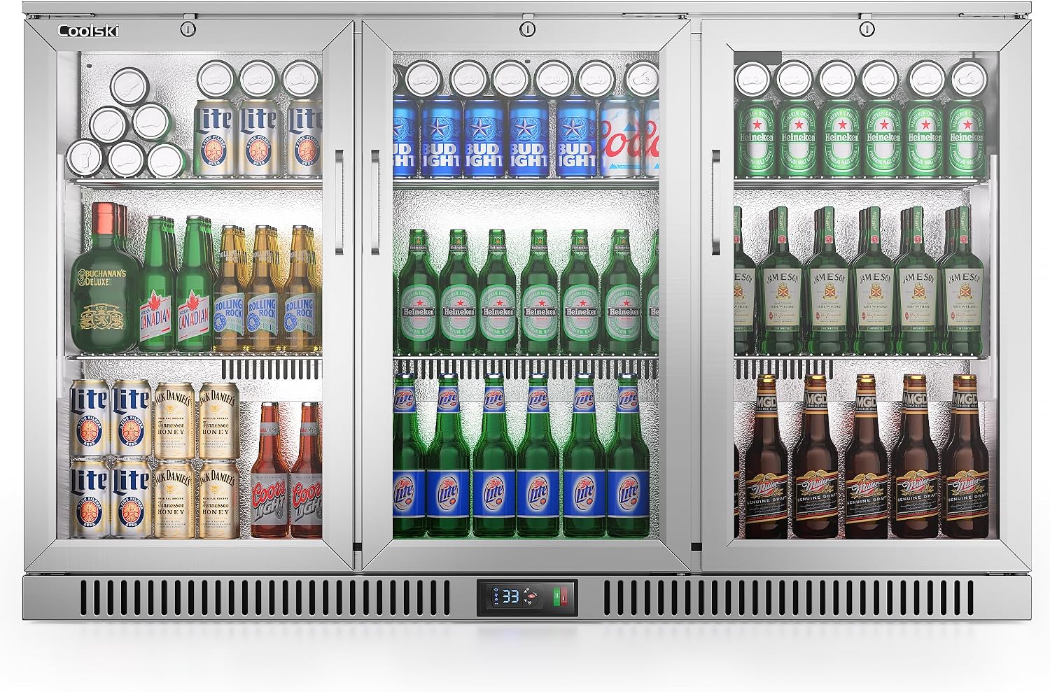 Coolski 53 Inch Beverage Refrigerator with 3 Doors, Commercial Back Bar Cooler for Beer Soda, Undercounter Display Fridge for Bar Restaurant Home, 12 Cu.Ft. LED Lighting ETL NSF Approved