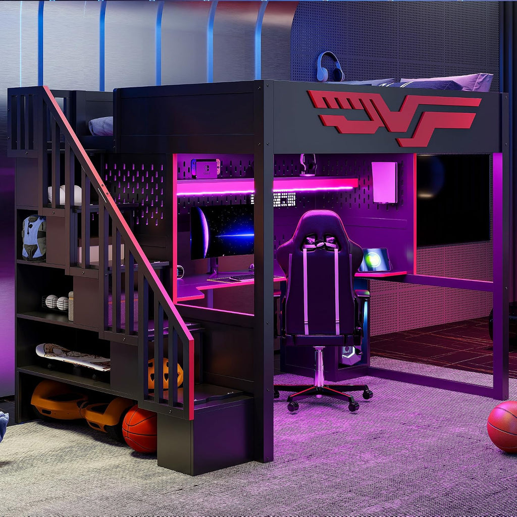 Merax Full Szie Gaming Loft Bed with Desk and Storage Staircase,LED Lights and USB, Red+Black