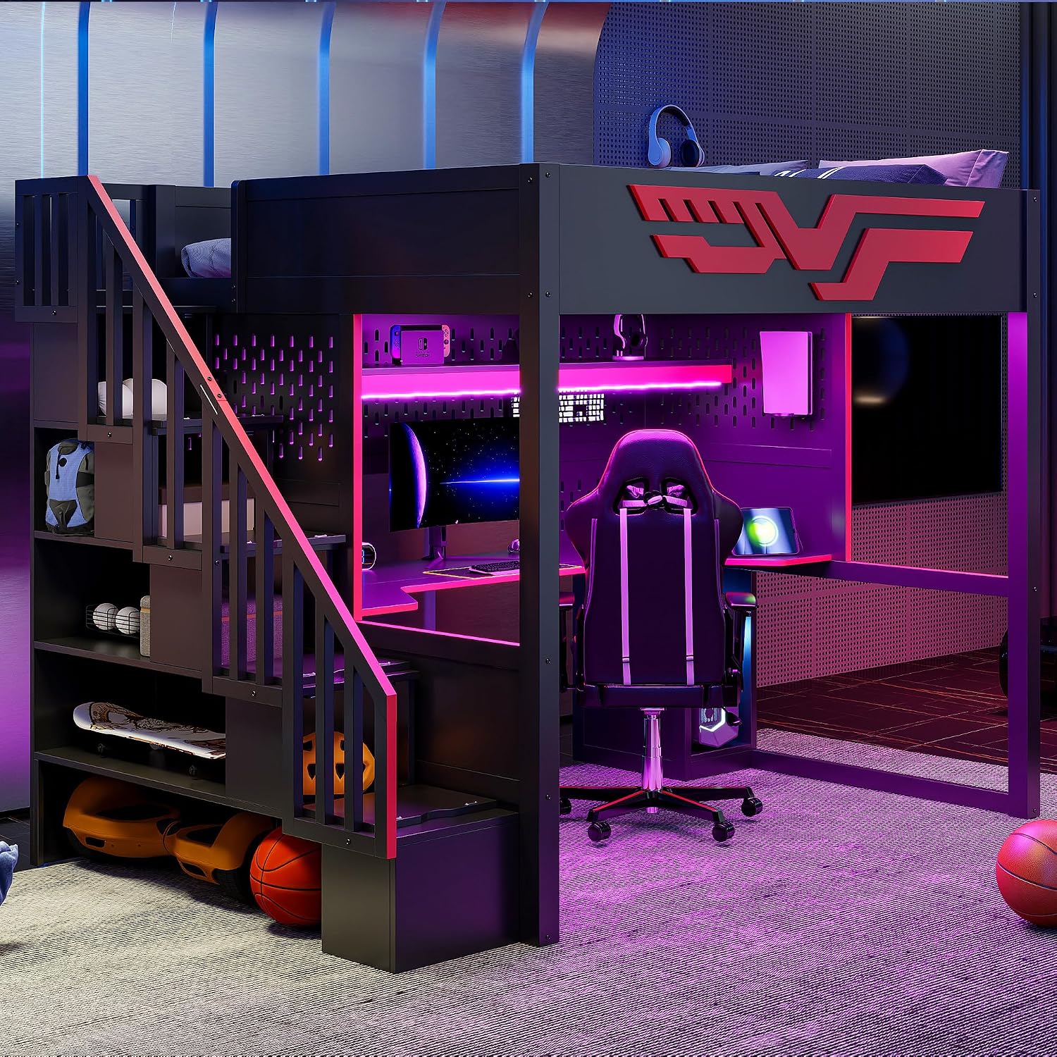 Merax Full Szie Gaming Loft Bed with Desk and Storage Staircase,LED Lights and USB, Red+Black