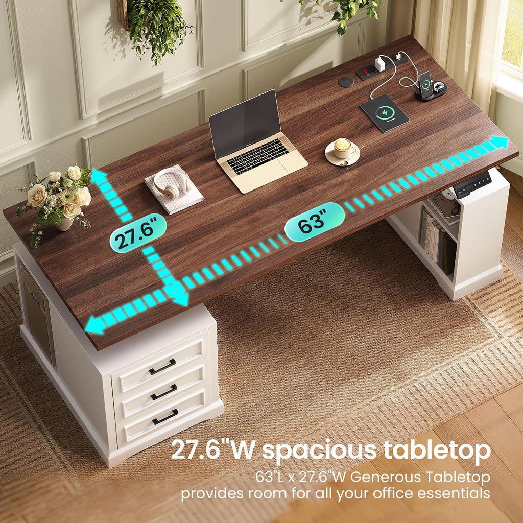 SEDETA Farmhouse Electric Standing Desk, 63' Height Adjustable Computer Desk with 3 Drawers, Storage Shelves, Power Outlets, Wood Home Office Stand up Desk for Work, Study, Writing, White