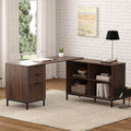 60' L Shaped Fluted Desk, Computer Desk with Movable Storage Cabinet Home Office Desk with 3 Drawers Metal Legs Corner Desk for Gaming Study, Brown
