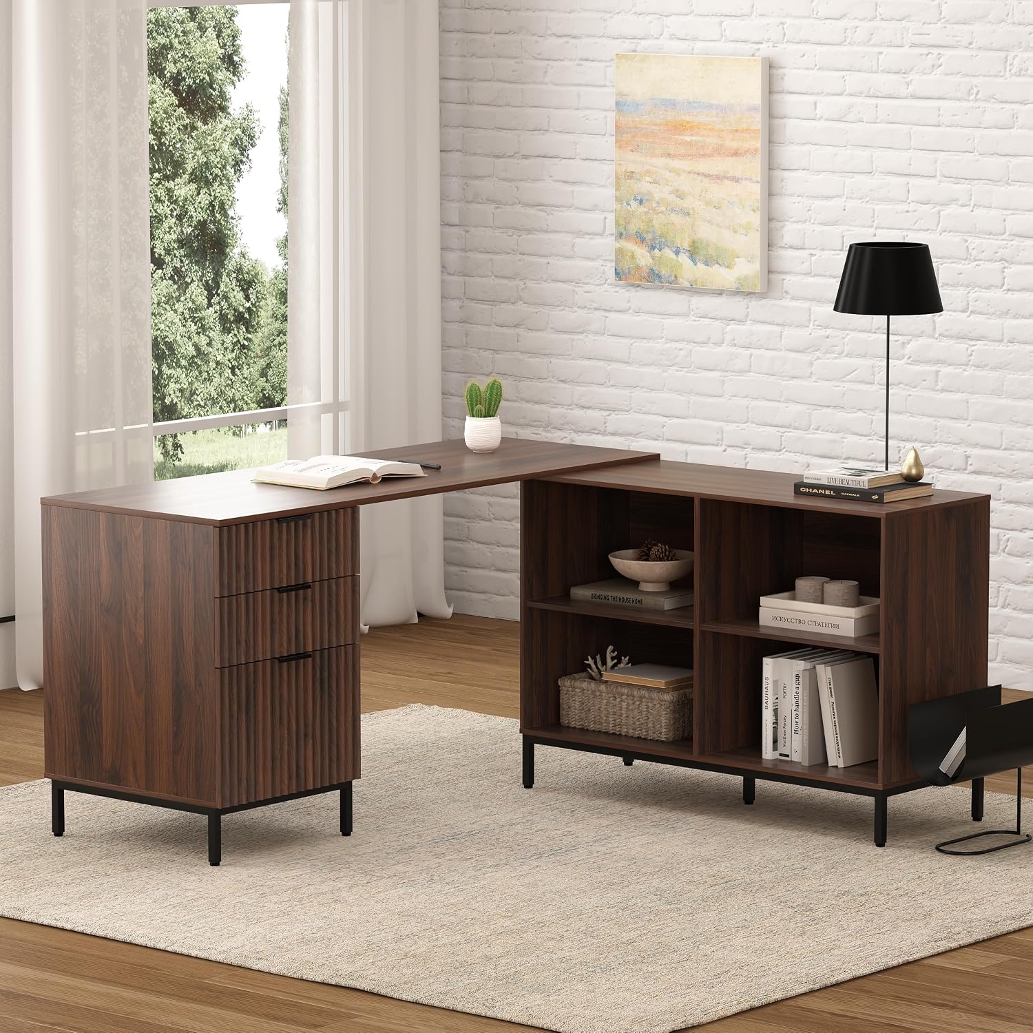 60' L Shaped Fluted Desk, Computer Desk with Movable Storage Cabinet Home Office Desk with 3 Drawers Metal Legs Corner Desk for Gaming Study, Brown