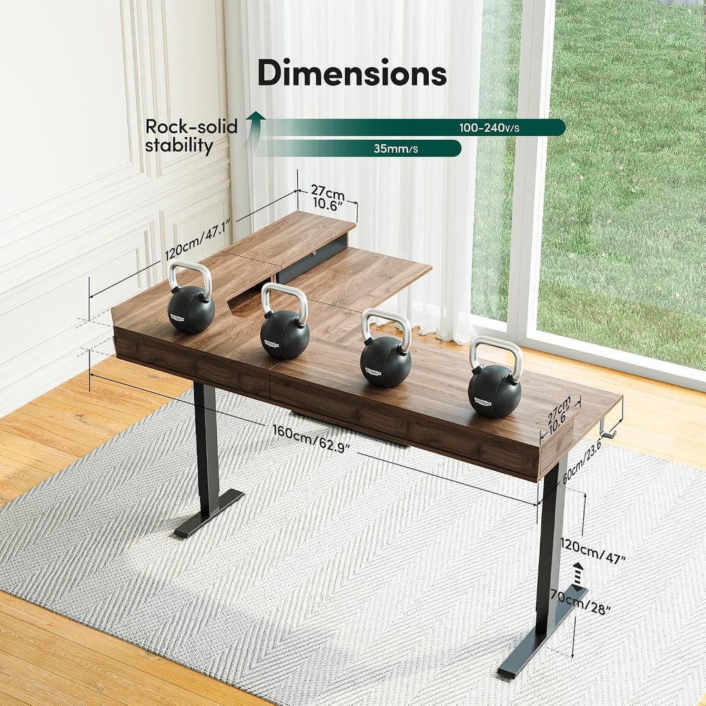 FEZIBO L-Shaped Electric Standing Desk, 63 x 48 Inches Height Adjustable, Reversible Tabletop, Corner Desk with Drawers, Ergonomic Computer Table, Black Walnut Top