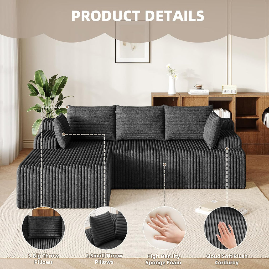 2026 New Boneless Couch, No Assembly Cloud Couch Sectional with Deep Seat & Chaise for Small Spaces, Upholstered Boneless Sectional Couch for Living Room, L Shaped Couch with Left Facing Chaise, Grey