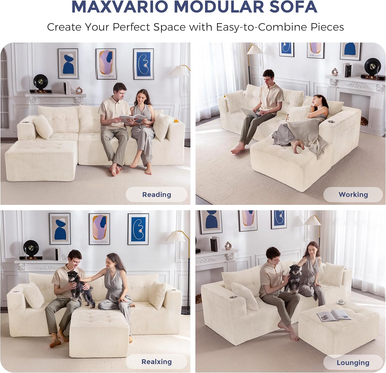 MAXYOYO Modular Sectional Sofa Couch, L Shaped Modern Cloud Couch with 1 Ottoman, Sofa in A Box, Tufted 4-Seat Boneless Sleeper Chair for Living Room, No Assembly Required, Beige
