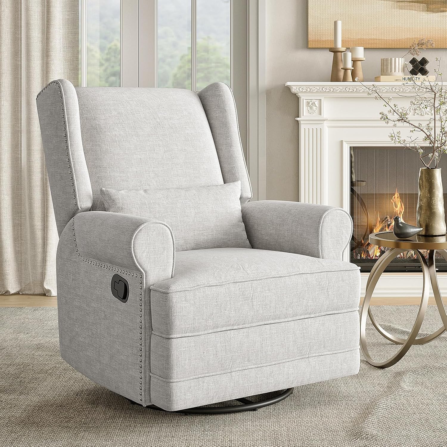 FansaFurn Swivel Nursery Glider Recliner, Comfy Upholstered Glider Chair with Lumbar Pillow and Footrest, Swivel Rocking Chair for Living Room, Grey